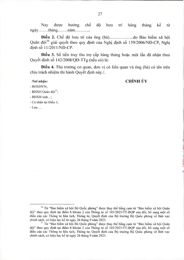 Chế độ hưu trí với quân nhân trực tiếp tham gia kháng chiến chống Mỹ từ 30/4/1975 về trước có từ 20 năm trong Quân đội đã xuất ngũ- Ảnh 27.