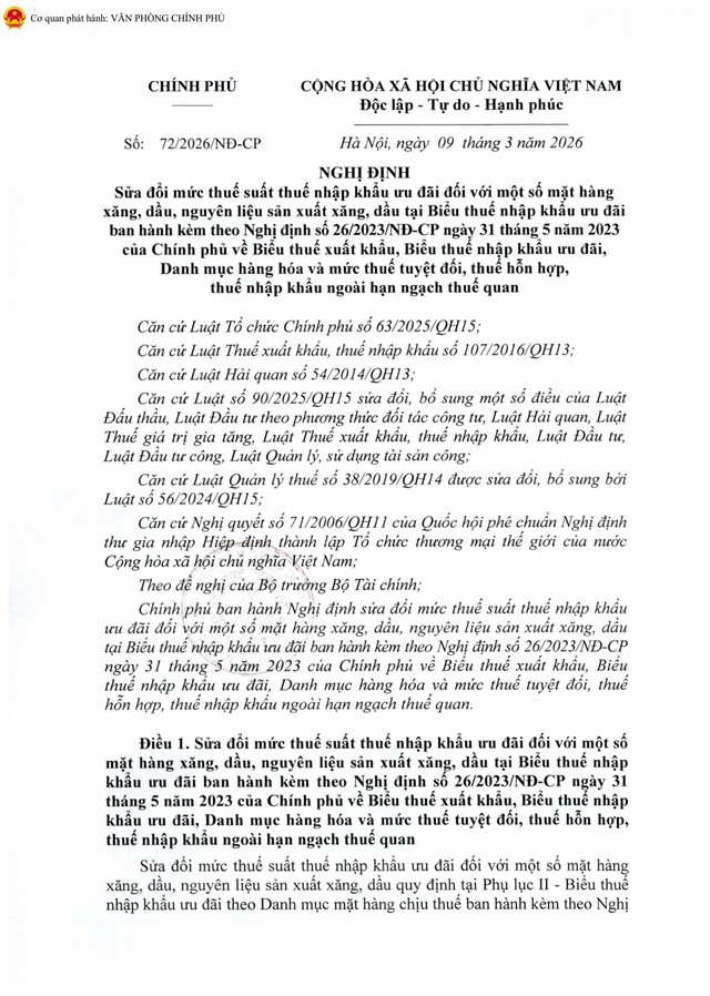 TOÀN VĂN: Nghị định số 72/2026/NĐ-CP giảm thuế một số mặt hàng xăng dầu về 0%- Ảnh 2.