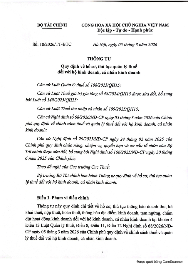 Thông tư 18/2026/TT-BTC quy định về hồ sơ, thủ tục quản lý thuế với hộ, cá nhân kinh doanh- Ảnh 2.