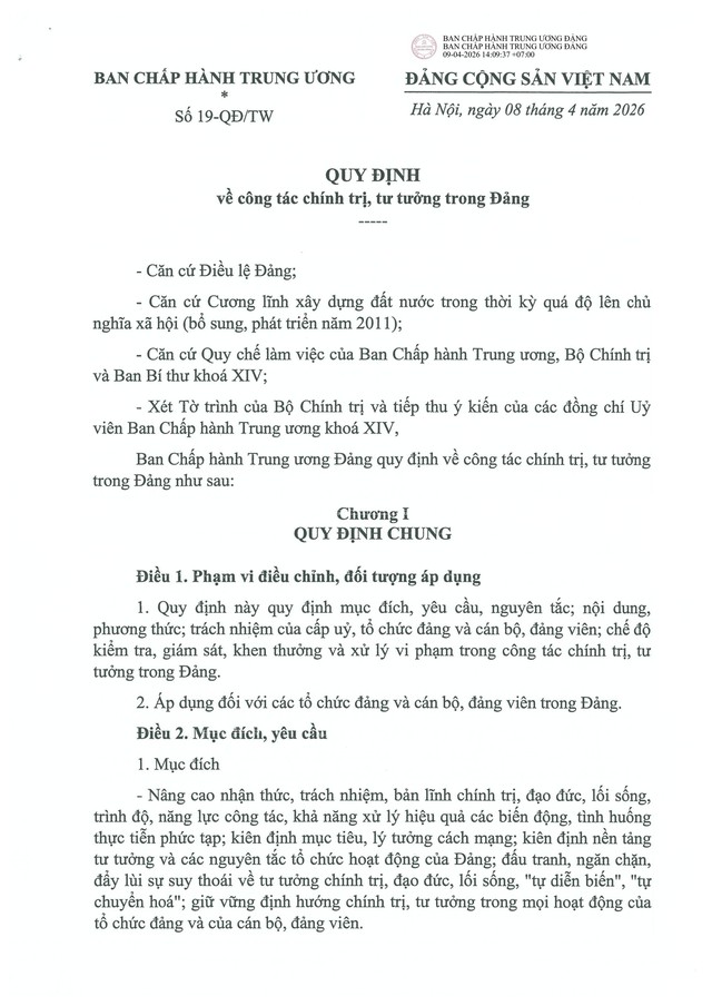 TOÀN VĂN: Quy định số 19-QĐ/TW về công tác chính trị, tư tưởng trong Đảng- Ảnh 2.
