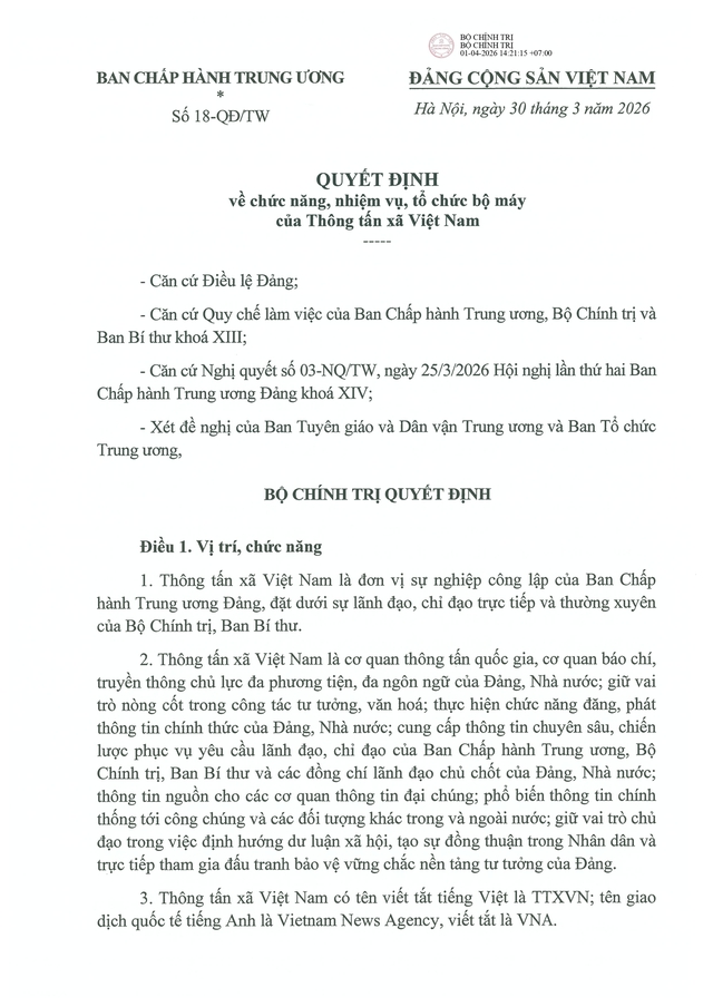TOÀN VĂN: Quyết định số 18-QĐ/TW về chức năng, nhiệm vụ, tổ chức bộ máy của Thông tấn xã Việt Nam- Ảnh 1.
