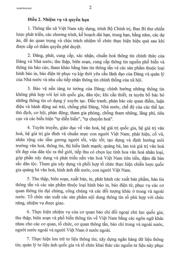TOÀN VĂN: Quyết định số 18-QĐ/TW về chức năng, nhiệm vụ, tổ chức bộ máy của Thông tấn xã Việt Nam- Ảnh 2.