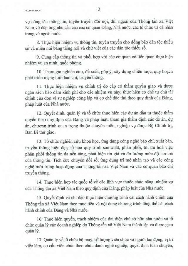 TOÀN VĂN: Quyết định số 18-QĐ/TW về chức năng, nhiệm vụ, tổ chức bộ máy của Thông tấn xã Việt Nam- Ảnh 3.
