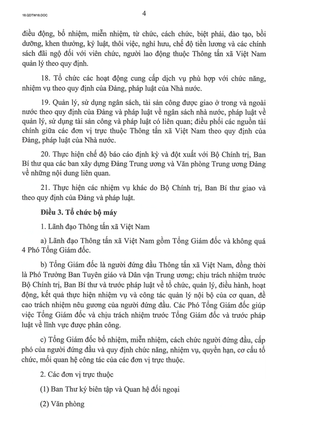 TOÀN VĂN: Quyết định số 18-QĐ/TW về chức năng, nhiệm vụ, tổ chức bộ máy của Thông tấn xã Việt Nam- Ảnh 4.