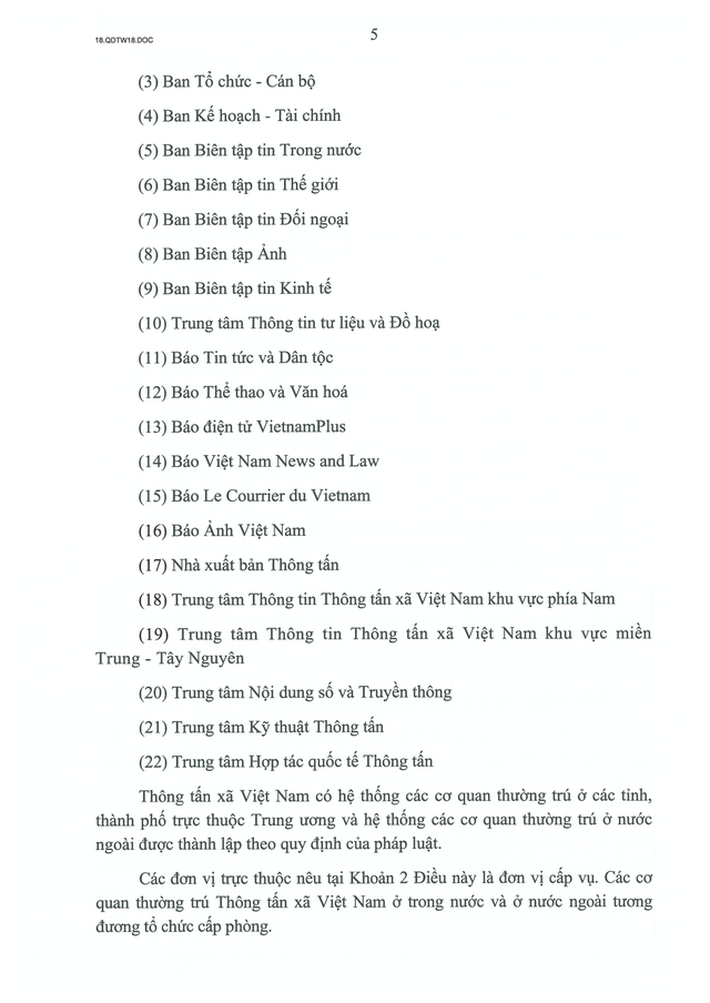 TOÀN VĂN: Quyết định số 18-QĐ/TW về chức năng, nhiệm vụ, tổ chức bộ máy của Thông tấn xã Việt Nam- Ảnh 5.