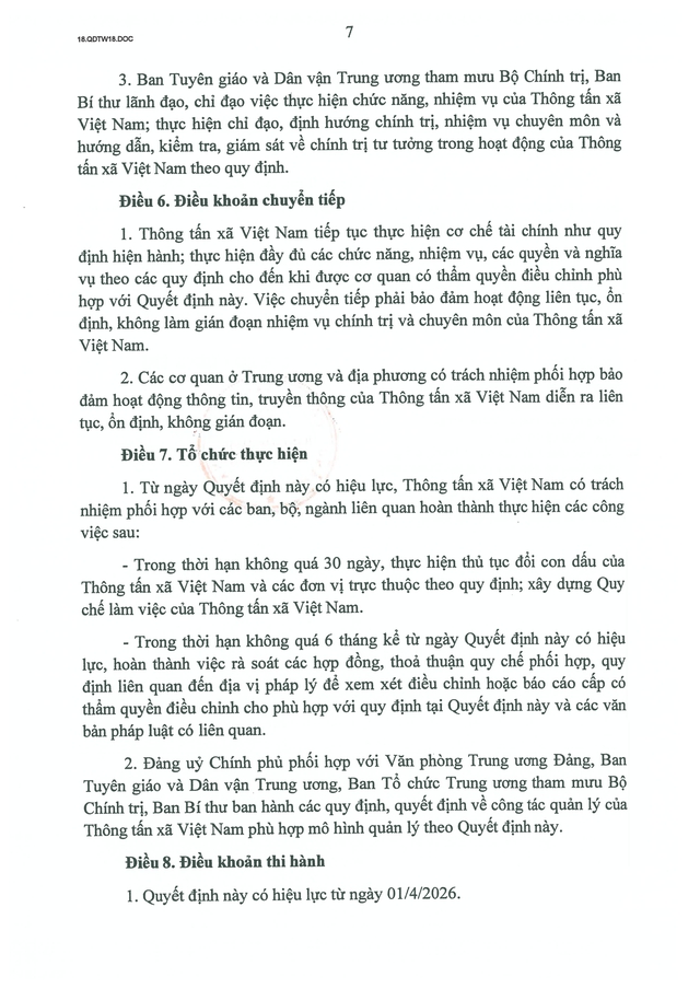 TOÀN VĂN: Quyết định số 18-QĐ/TW về chức năng, nhiệm vụ, tổ chức bộ máy của Thông tấn xã Việt Nam- Ảnh 7.