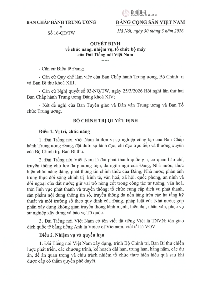 TOÀN VĂN: Quyết định số 16-QĐ/TW về chức năng, nhiệm vụ, tổ chức bộ máy của Đài Tiếng nói Việt Nam- Ảnh 1.
