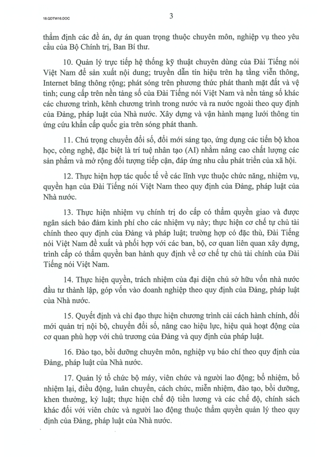 TOÀN VĂN: Quyết định số 16-QĐ/TW về chức năng, nhiệm vụ, tổ chức bộ máy của Đài Tiếng nói Việt Nam- Ảnh 3.
