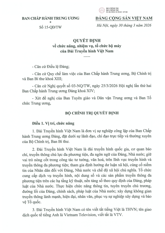 TOÀN VĂN: Quyết định số 15-QĐ/TW về chức năng, nhiệm vụ, tổ chức bộ máy của Đài Truyền hình Việt Nam- Ảnh 1.