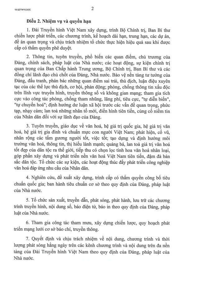 TOÀN VĂN: Quyết định số 15-QĐ/TW về chức năng, nhiệm vụ, tổ chức bộ máy của Đài Truyền hình Việt Nam- Ảnh 2.