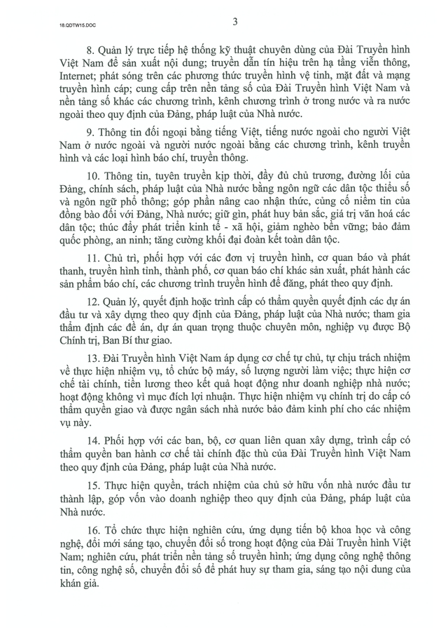 TOÀN VĂN: Quyết định số 15-QĐ/TW về chức năng, nhiệm vụ, tổ chức bộ máy của Đài Truyền hình Việt Nam- Ảnh 3.