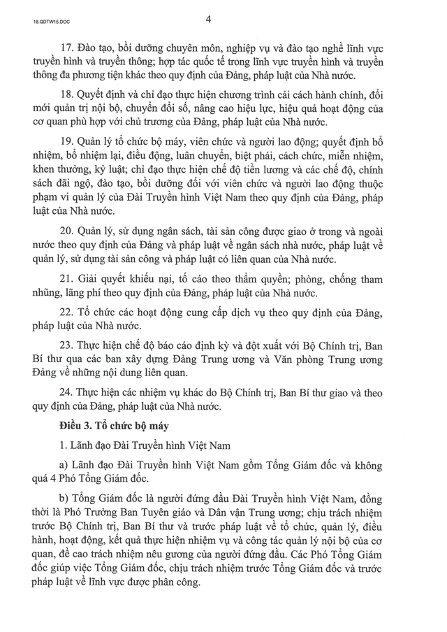 TOÀN VĂN: Quyết định số 15-QĐ/TW về chức năng, nhiệm vụ, tổ chức bộ máy của Đài Truyền hình Việt Nam- Ảnh 4.