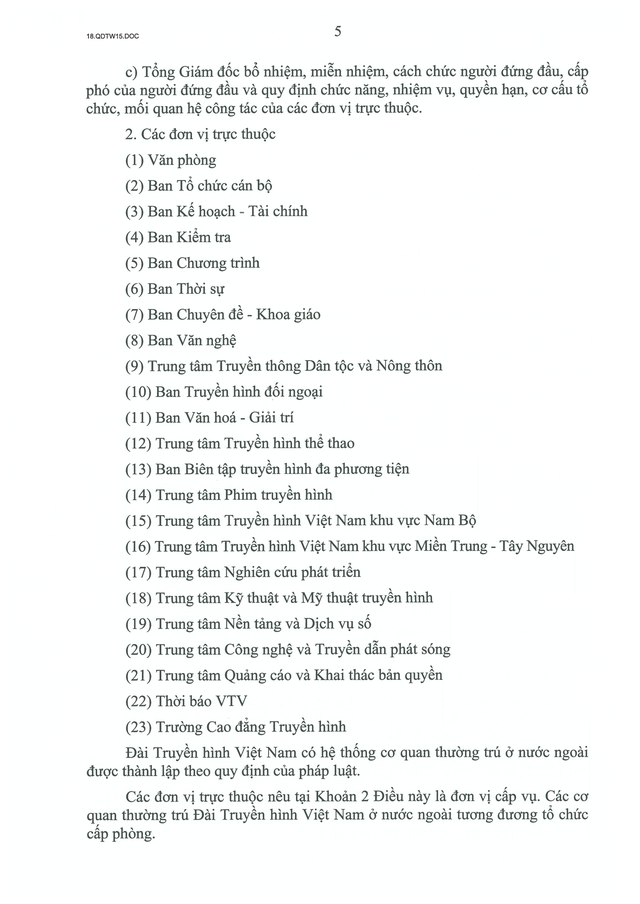 TOÀN VĂN: Quyết định số 15-QĐ/TW về chức năng, nhiệm vụ, tổ chức bộ máy của Đài Truyền hình Việt Nam- Ảnh 5.