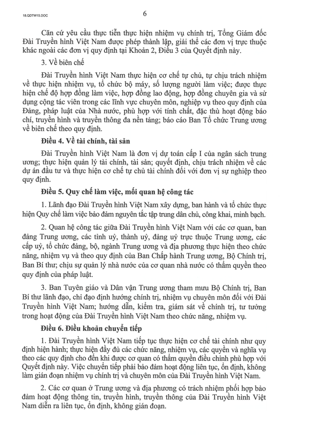 TOÀN VĂN: Quyết định số 15-QĐ/TW về chức năng, nhiệm vụ, tổ chức bộ máy của Đài Truyền hình Việt Nam- Ảnh 6.