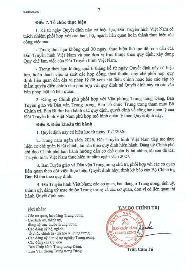 TOÀN VĂN: Quyết định số 15-QĐ/TW về chức năng, nhiệm vụ, tổ chức bộ máy của Đài Truyền hình Việt Nam- Ảnh 7.