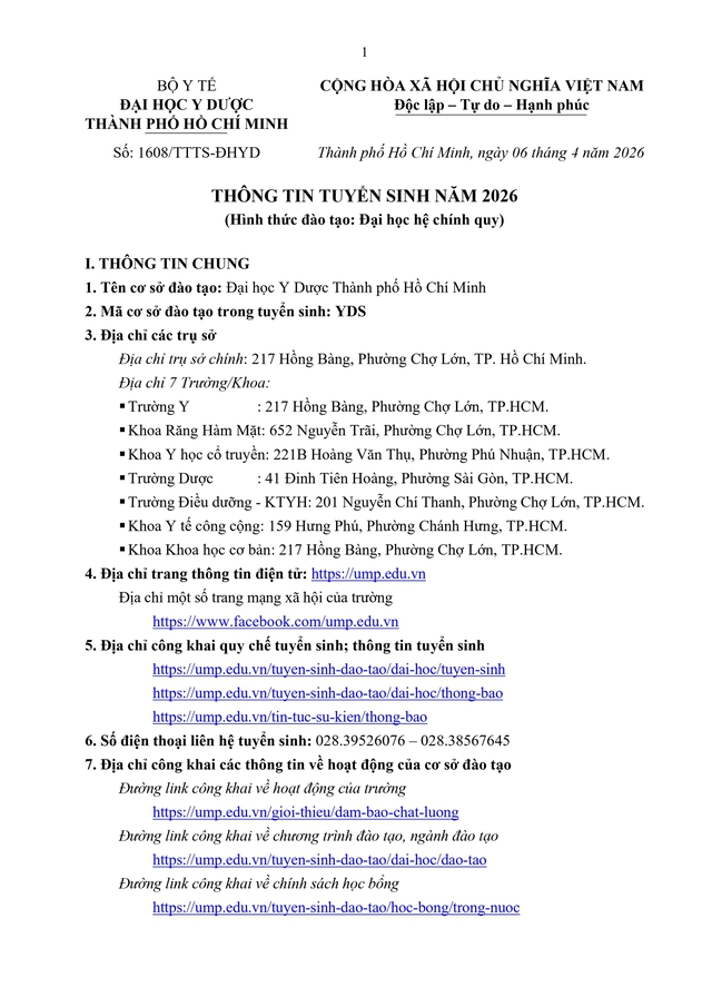 TUYỂN SINH 2026: Phương thức, chỉ tiêu tuyển sinh của Đại học Y Dược TP HCM- Ảnh 1. TUYỂN SINH 2026: Phương thức, chỉ tiêu tuyển sinh của Đại học Y Dược TP HCM- Ảnh 1.