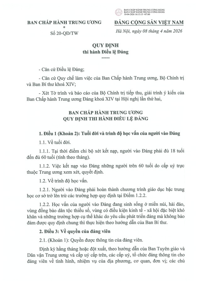 QUY ĐỊNH SỐ 20-QĐ/TW VỀ THI HÀNH ĐIỀU LỆ ĐẢNG- Ảnh 2. QUY ĐỊNH SỐ 20-QĐ/TW VỀ THI HÀNH ĐIỀU LỆ ĐẢNG- Ảnh 2.