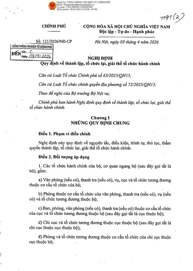 TOÀN VĂN: Nghị định 121/2026/NĐ-CP quy định về thành lập, tổ chức lại, giải thể tổ chức hành chính- Ảnh 1.