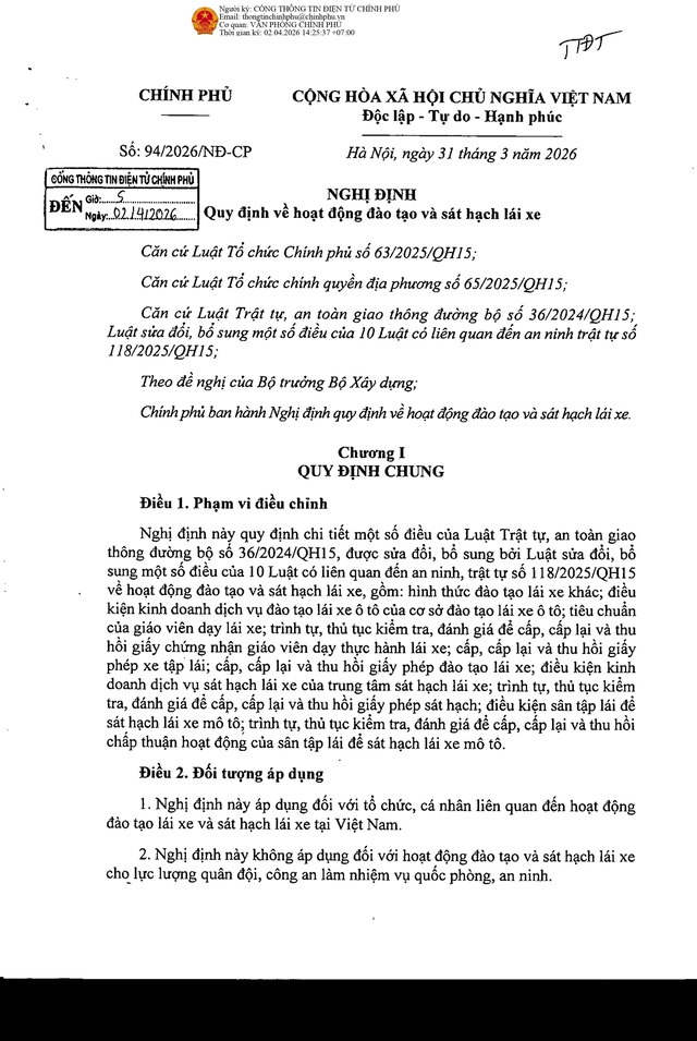 TOÀN VĂN: Nghị định 94/2026/NĐ-CP Quy định về hoạt động đào tạo và sát hạch lái xe- Ảnh 1.
