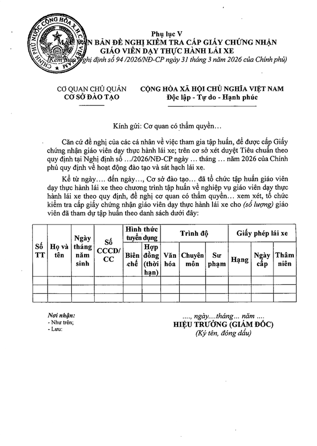 TOÀN VĂN: Nghị định 94/2026/NĐ-CP Quy định về hoạt động đào tạo và sát hạch lái xe- Ảnh 43.