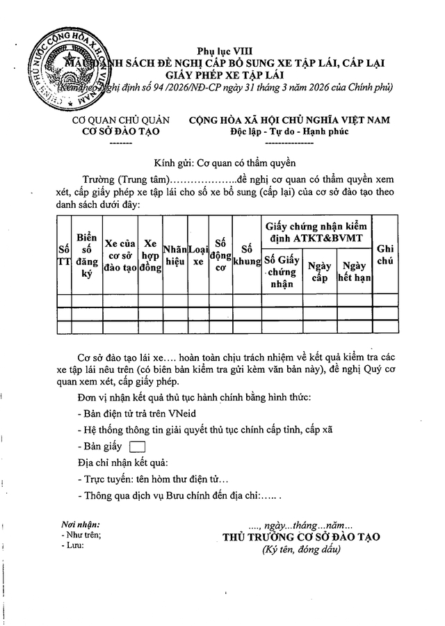 TOÀN VĂN: Nghị định 94/2026/NĐ-CP Quy định về hoạt động đào tạo và sát hạch lái xe- Ảnh 48.