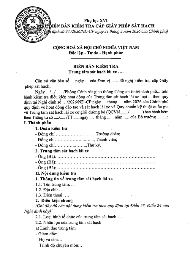 TOÀN VĂN: Nghị định 94/2026/NĐ-CP Quy định về hoạt động đào tạo và sát hạch lái xe- Ảnh 69.