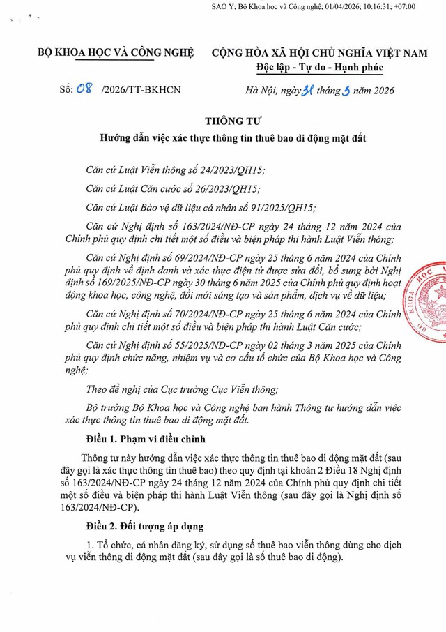 Thông tư số 08/2026/TT-BKHCN hướng dẫn xác thực thông tin thuê bao di động mặt đất (số thuê bao di động)- Ảnh 3.