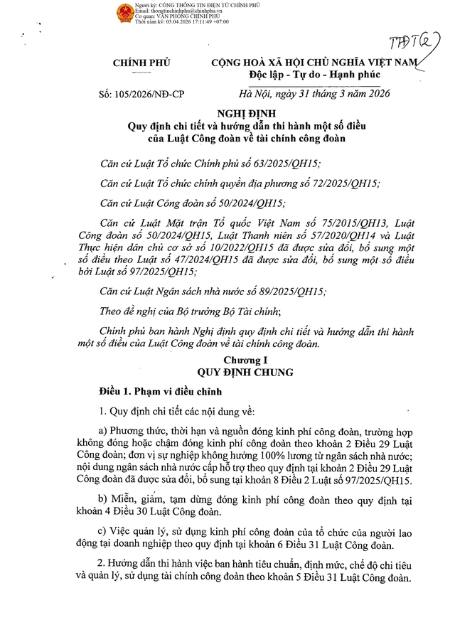 TOÀN VĂN: Nghị định 105/2026/NĐ-CP về quy định, hướng dẫn thi hành tài chính công đoàn- Ảnh 1. TOÀN VĂN: Nghị định 105/2026/NĐ-CP về quy định, hướng dẫn thi hành tài chính công đoàn- Ảnh 1.
