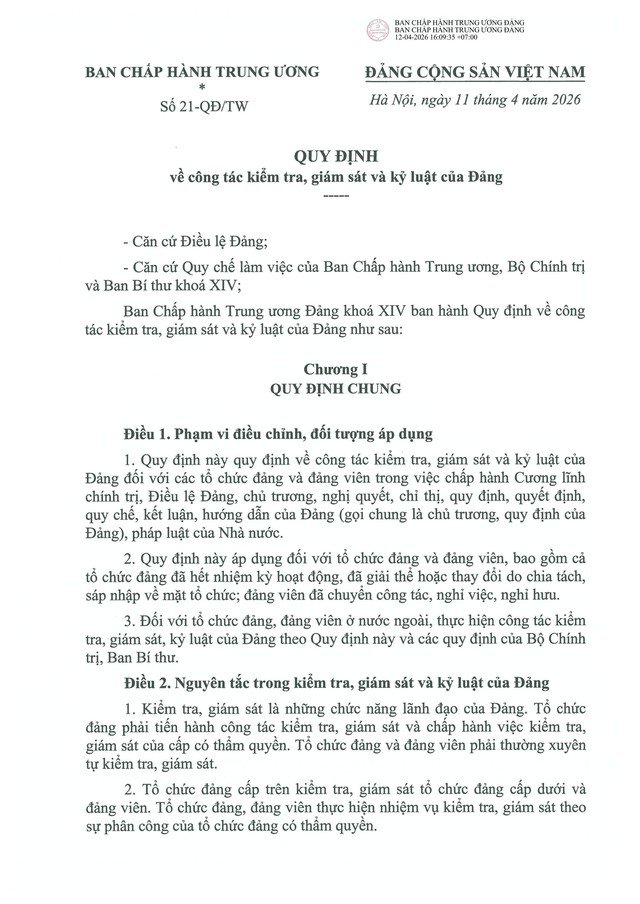 QUY ĐỊNH SỐ 21-QĐ/TW về CÔNG TÁC KIỂM TRA, GIÁM SÁT, KỶ LUẬT CỦA ĐẢNG- Ảnh 3.