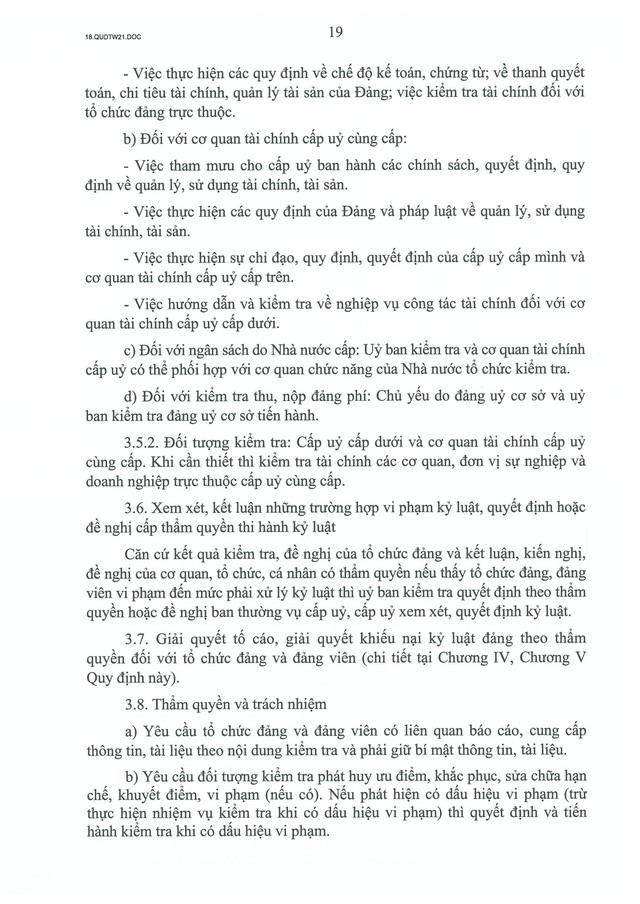 QUY ĐỊNH SỐ 21-QĐ/TW về CÔNG TÁC KIỂM TRA, GIÁM SÁT, KỶ LUẬT CỦA ĐẢNG- Ảnh 21.