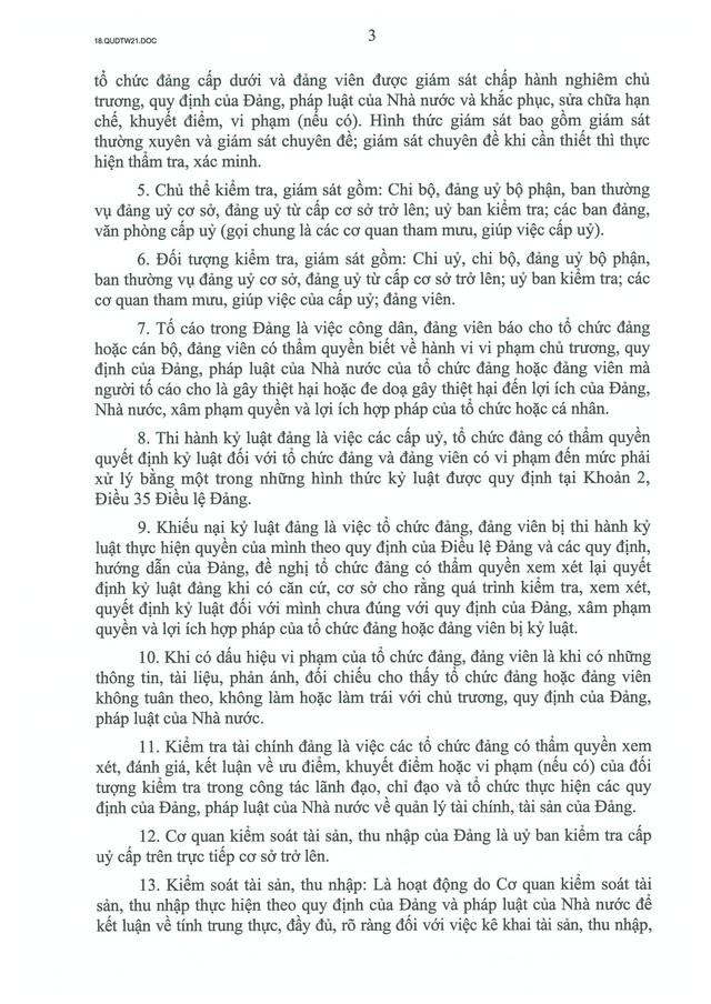 QUY ĐỊNH SỐ 21-QĐ/TW về CÔNG TÁC KIỂM TRA, GIÁM SÁT, KỶ LUẬT CỦA ĐẢNG- Ảnh 5.