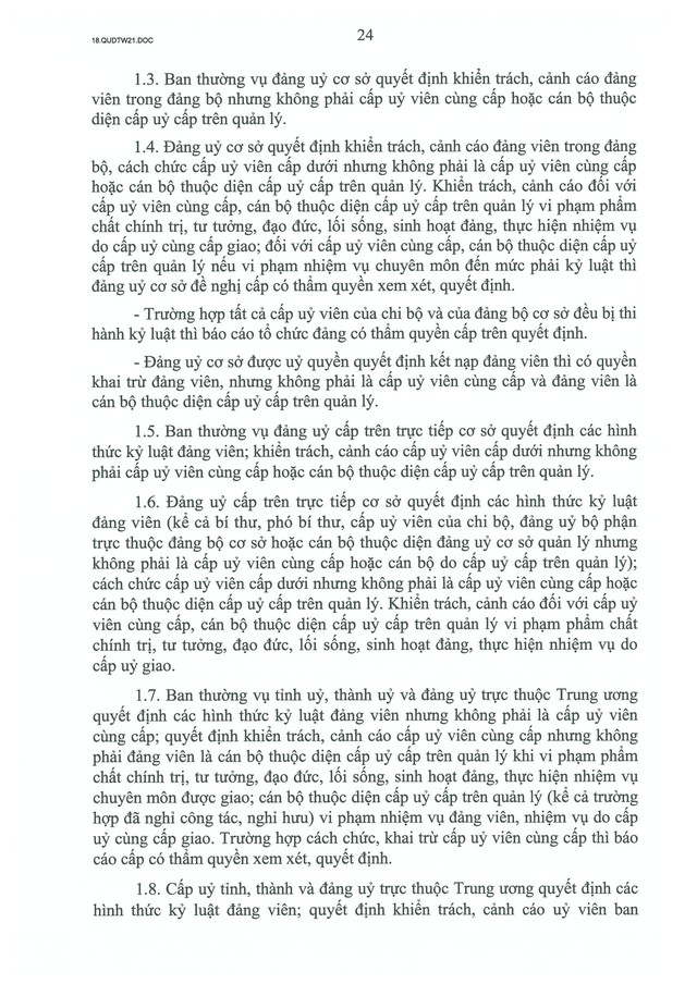 QUY ĐỊNH SỐ 21-QĐ/TW về CÔNG TÁC KIỂM TRA, GIÁM SÁT, KỶ LUẬT CỦA ĐẢNG- Ảnh 26.