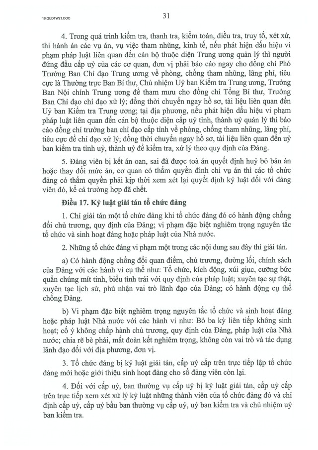 QUY ĐỊNH SỐ 21-QĐ/TW về CÔNG TÁC KIỂM TRA, GIÁM SÁT, KỶ LUẬT CỦA ĐẢNG- Ảnh 33.