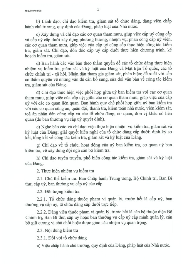 QUY ĐỊNH SỐ 21-QĐ/TW về CÔNG TÁC KIỂM TRA, GIÁM SÁT, KỶ LUẬT CỦA ĐẢNG- Ảnh 7.