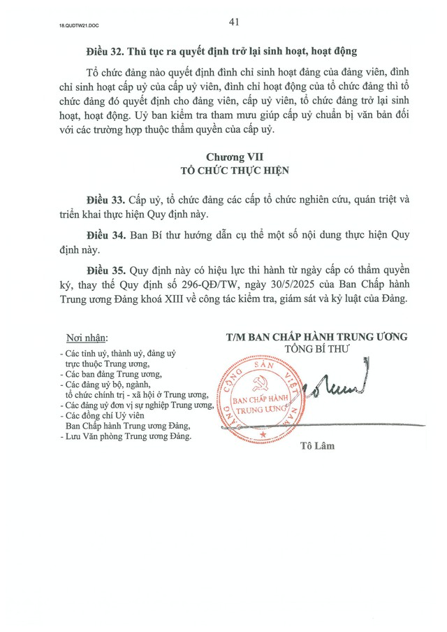 QUY ĐỊNH SỐ 21-QĐ/TW về CÔNG TÁC KIỂM TRA, GIÁM SÁT, KỶ LUẬT CỦA ĐẢNG- Ảnh 43.