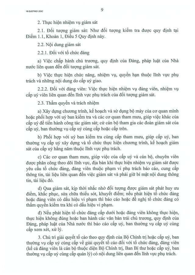 QUY ĐỊNH SỐ 21-QĐ/TW về CÔNG TÁC KIỂM TRA, GIÁM SÁT, KỶ LUẬT CỦA ĐẢNG- Ảnh 11.