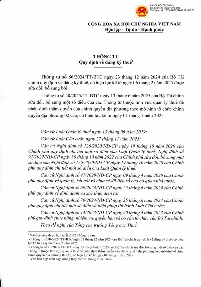 Văn bản hợp nhất số 06/VBHN-BTC: Thông tư quy định về đăng ký thuế- Ảnh 1.
