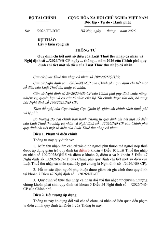 TOÀN VĂN: Dự thảo Thông tư quy định chi tiết một số điều của Luật Thuế thu nhập cá nhân- Ảnh 1.