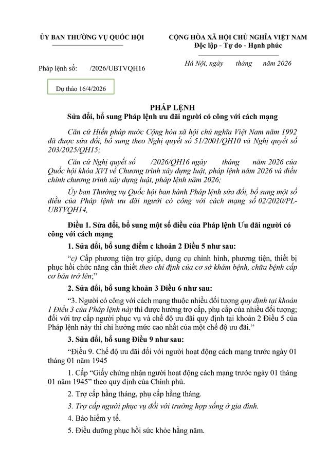 TOÀN VĂN: Dự thảo Pháp lệnh sửa đổi, bổ sung Pháp lệnh ưu đãi người có công với cách mạng- Ảnh 1.