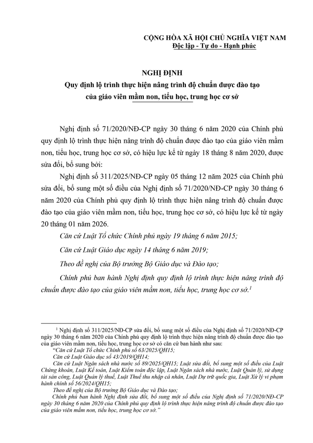 Văn bản hợp nhất Nghị định quy định lộ trình nâng trình độ chuẩn của giáo viên mầm non, tiểu học, THCS- Ảnh 1.