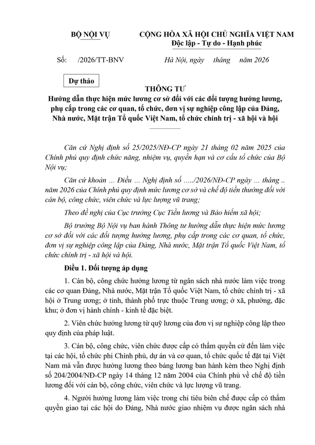 TOÀN VĂN: Dự thảo Thông tư Hướng dẫn thực hiện mức lương cơ sở- Ảnh 1.