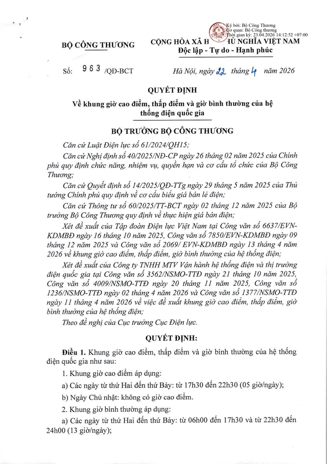 QUY ĐỊNH MỚI về giờ cao điểm, thấp điểm của hệ thống điện quốc gia- Ảnh 1.