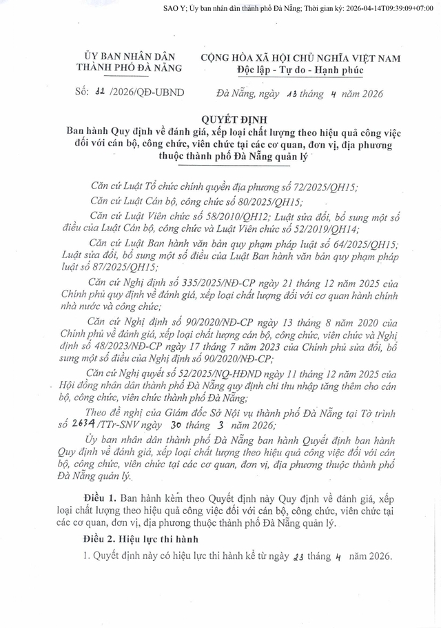 Quy định mới: Đánh giá cán bộ, công chức, viên chức TP Đà Nẵng theo hiệu quả công việc- Ảnh 1.