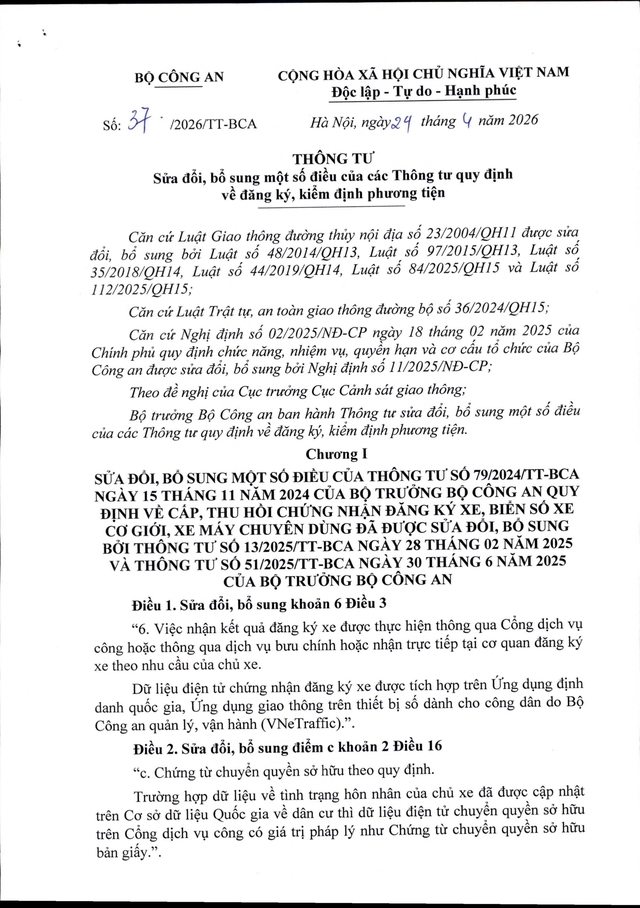 TOÀN VĂN: Thông tư số 37/2026/TT-BCA về đăng ký, kiểm định phương tiện- Ảnh 1.
