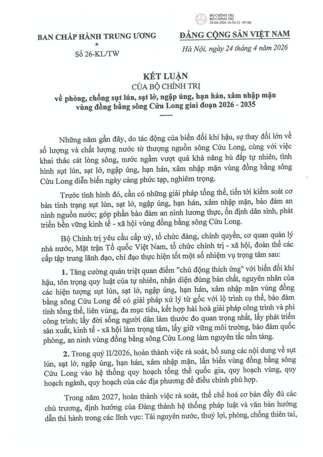 Kết luận số 26-KL/TW về phòng, chống sụt lún, sạt lở, ngập úng, hạn hán, xâm nhập mặn vùng đồng bằng sông Cửu Long giai đoạn 2026-2035- Ảnh 1.