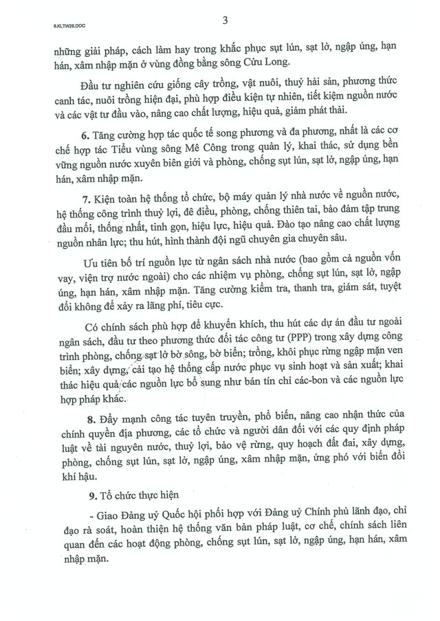 Kết luận số 26-KL/TW về phòng, chống sụt lún, sạt lở, ngập úng, hạn hán, xâm nhập mặn vùng đồng bằng sông Cửu Long giai đoạn 2026-2035- Ảnh 3.