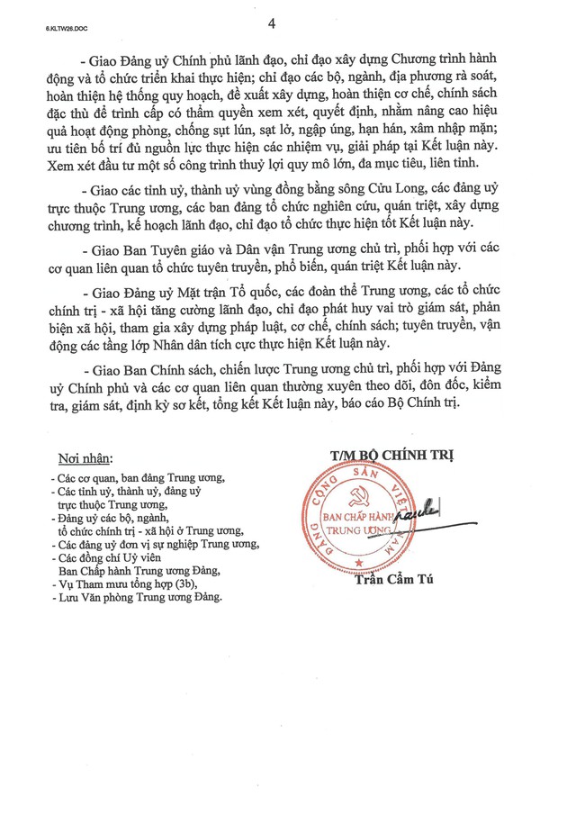 Kết luận số 26-KL/TW về phòng, chống sụt lún, sạt lở, ngập úng, hạn hán, xâm nhập mặn vùng đồng bằng sông Cửu Long giai đoạn 2026-2035- Ảnh 4.