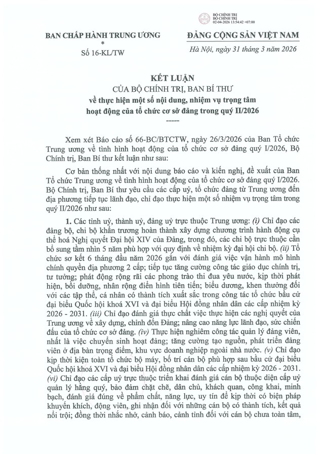 Kết luận số 16-KL/TW về thực hiện một số nội dung, nhiệm vụ trọng tâm hoạt động của tổ chức cơ sở đảng- Ảnh 1. Kết luận số 16-KL/TW về thực hiện một số nội dung, nhiệm vụ trọng tâm hoạt động của tổ chức cơ sở đảng- Ảnh 1.