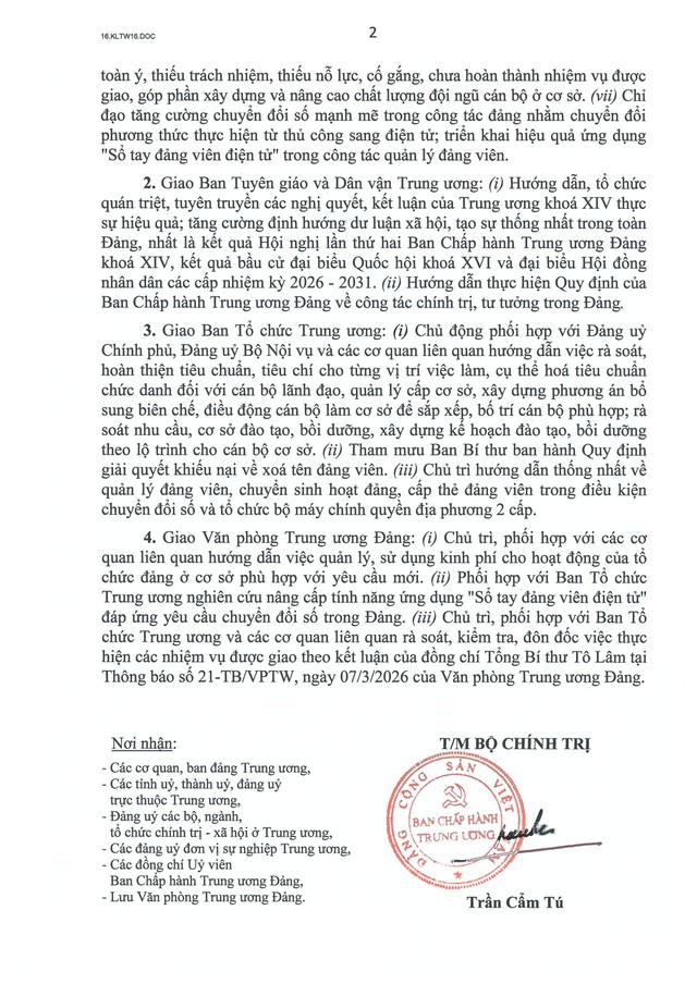 Kết luận số 16-KL/TW về thực hiện một số nội dung, nhiệm vụ trọng tâm hoạt động của tổ chức cơ sở đảng- Ảnh 2. Kết luận số 16-KL/TW về thực hiện một số nội dung, nhiệm vụ trọng tâm hoạt động của tổ chức cơ sở đảng- Ảnh 2.