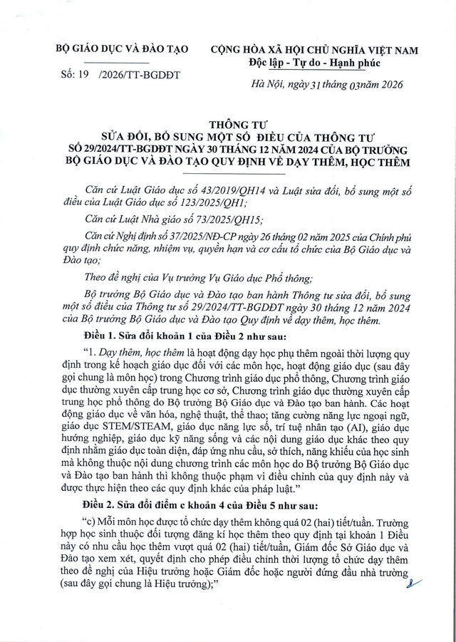 TOÀN VĂN: Thông tư 19/2026/TT-BGDĐT sửa đổi, bổ sung quy định về dạy thêm, học thêm- Ảnh 1.